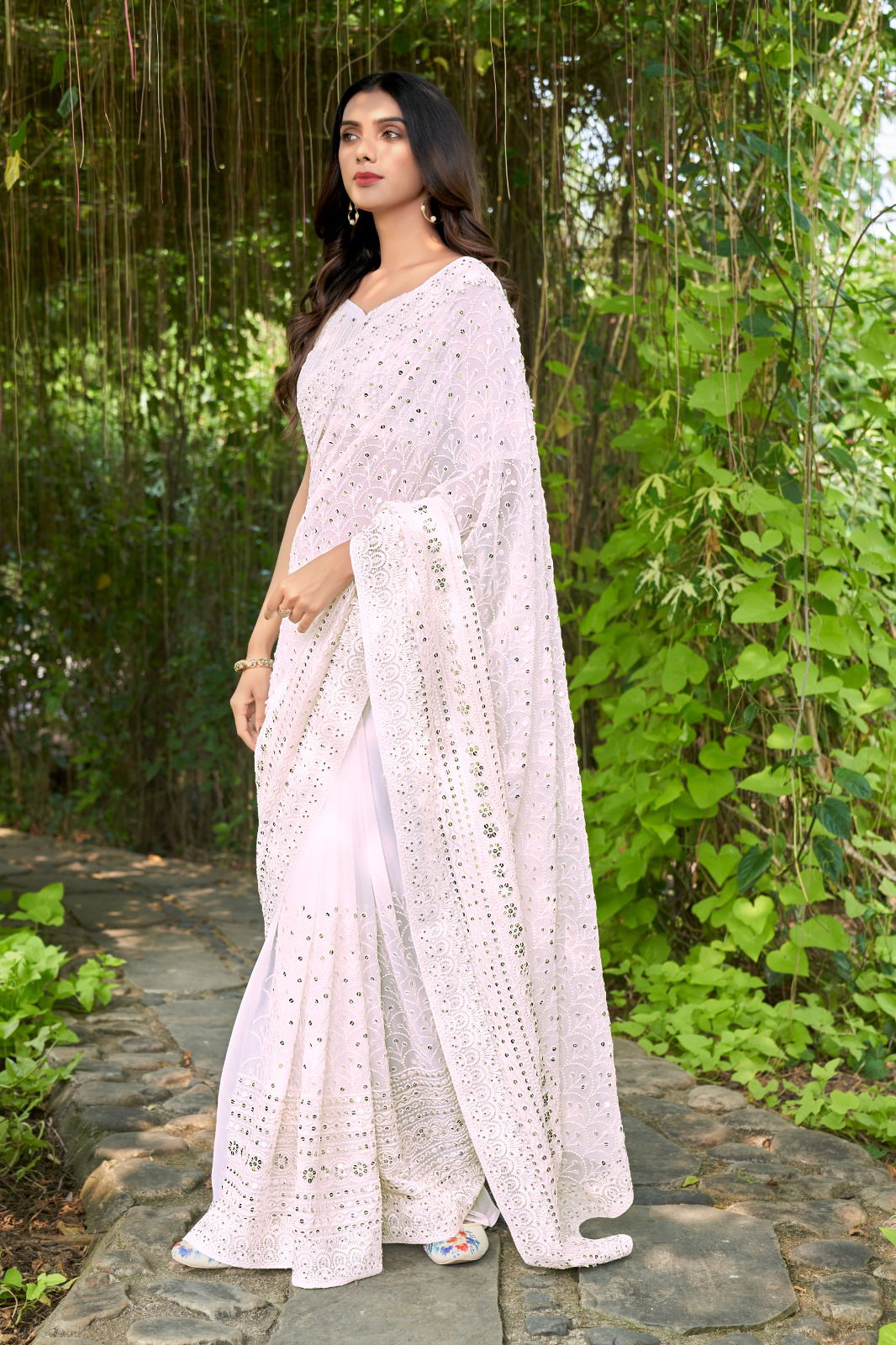White Tone Thread Embroidery Georgette Designer Sarees Wholesale Price In Surat